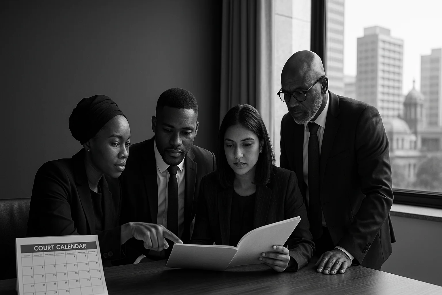 Legal professionals discussing a client matter at the Sarah Alison Attorneys Durban office